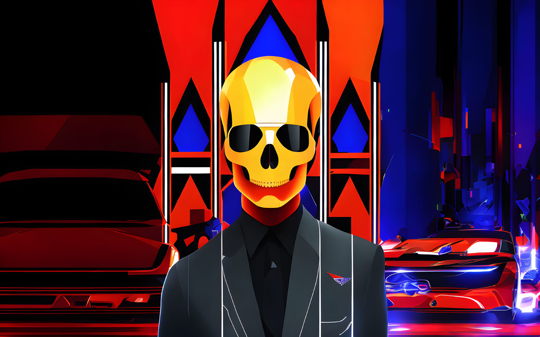 Skull-headed figure in suit with neon cityscape and cars - cyberpunk illustration