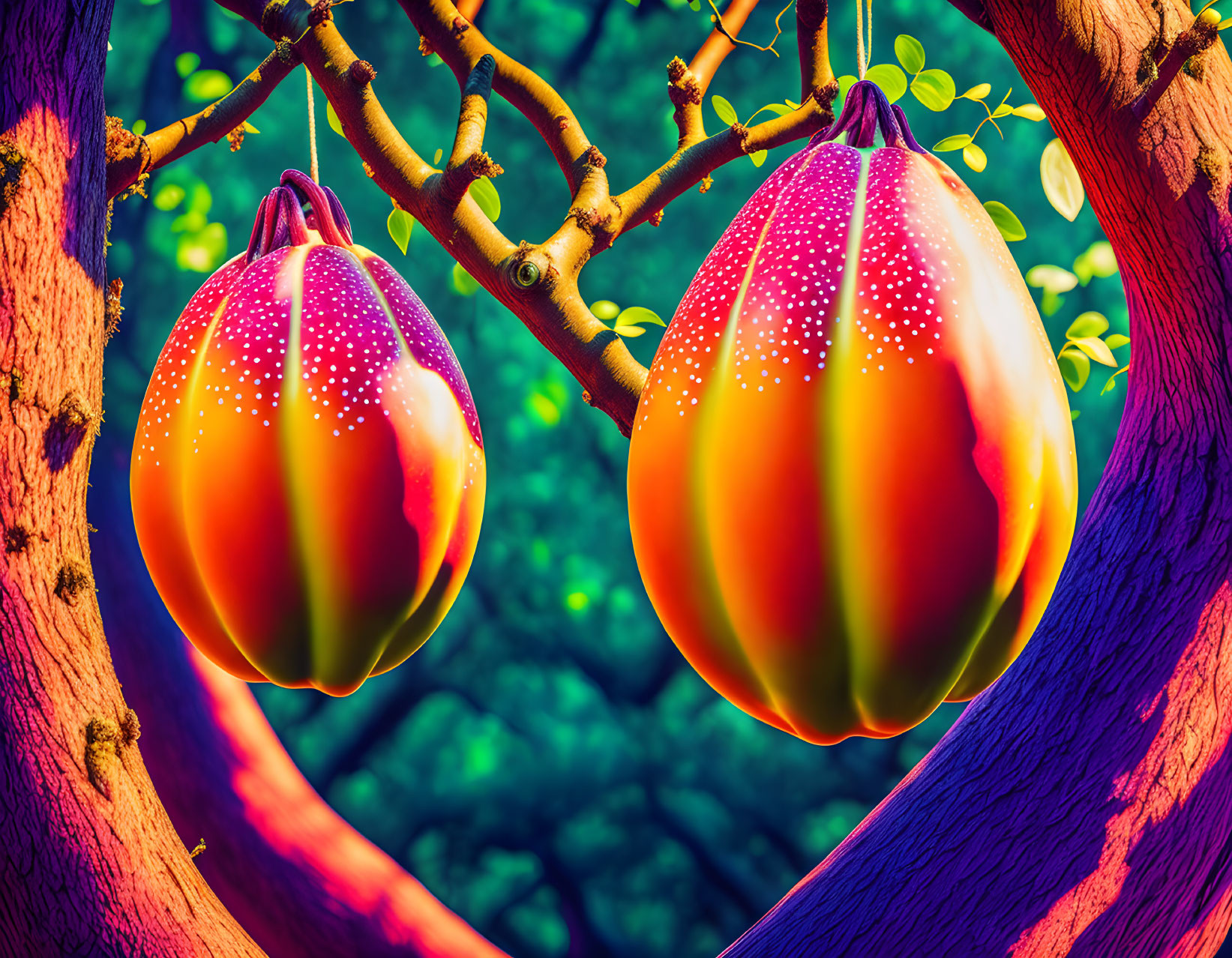 Colorful fruit-like objects on branch with vibrant backdrop