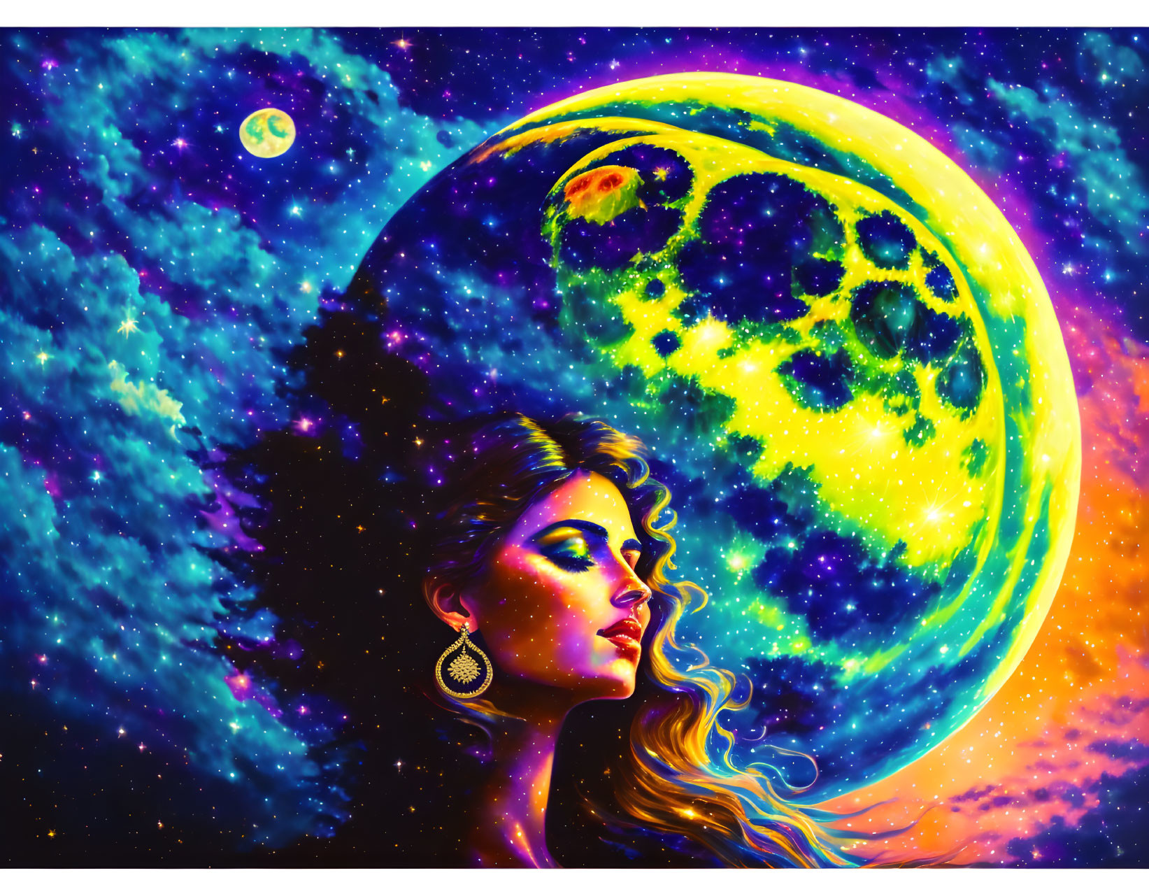 Colorful Woman's Profile Artwork Against Cosmic Background