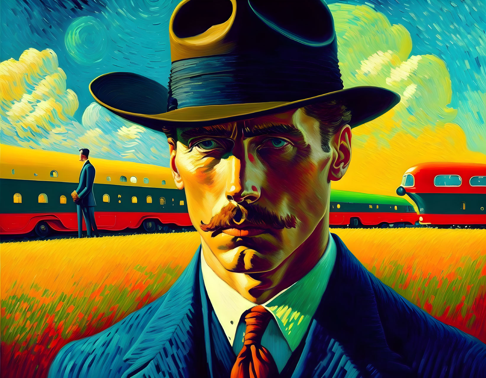 Man in suit and top hat with mustache in digital painting.