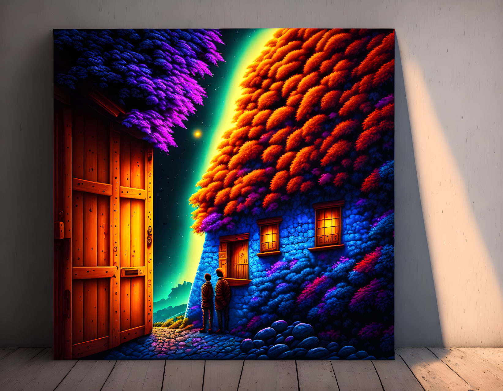 Colorful cosmic sky artwork featuring two individuals on canvas