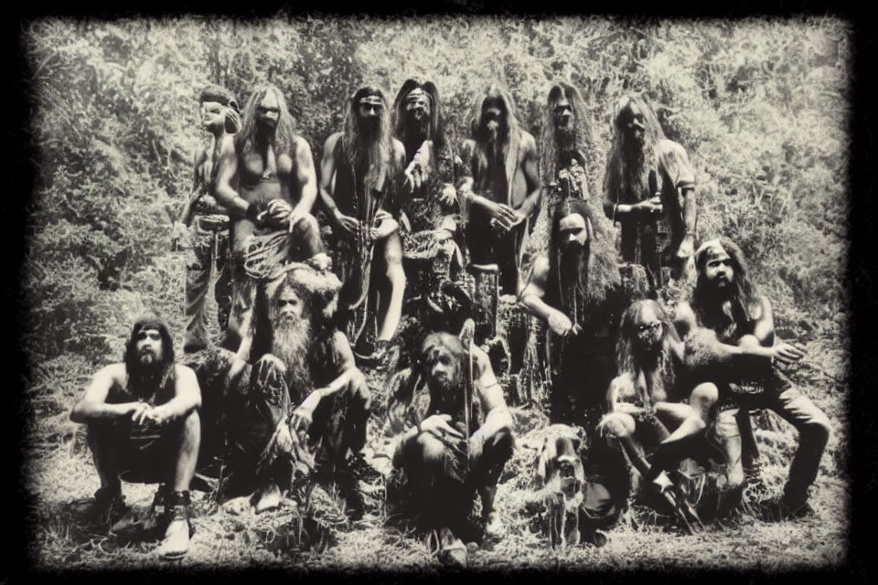 Sepia-Tone Photo of Primitive Warriors in Forest Setting