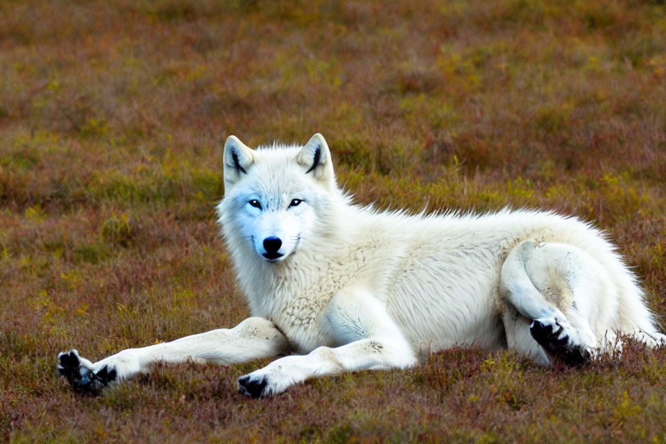 White Wolf with Blue Eyes Resting in Open Field with Ochre and Green Backdrop