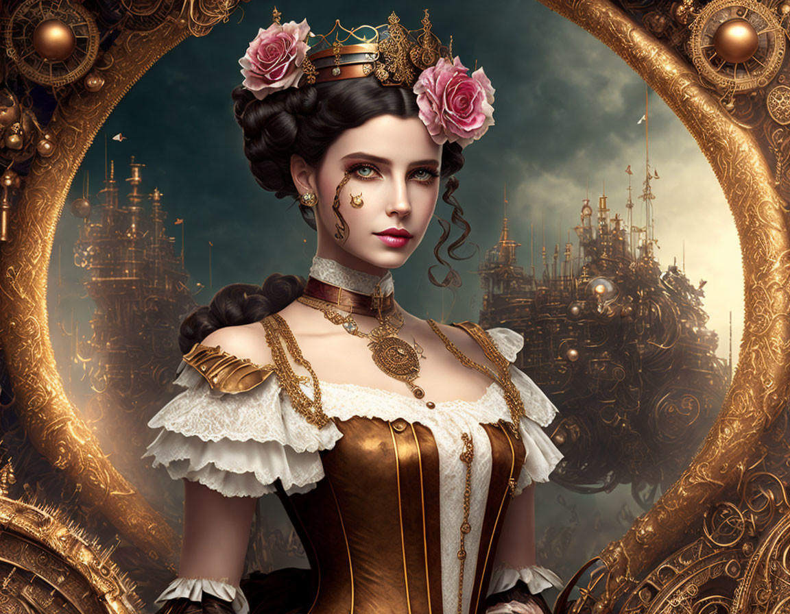 Regal woman with rose crown and steampunk cityscape mirror.