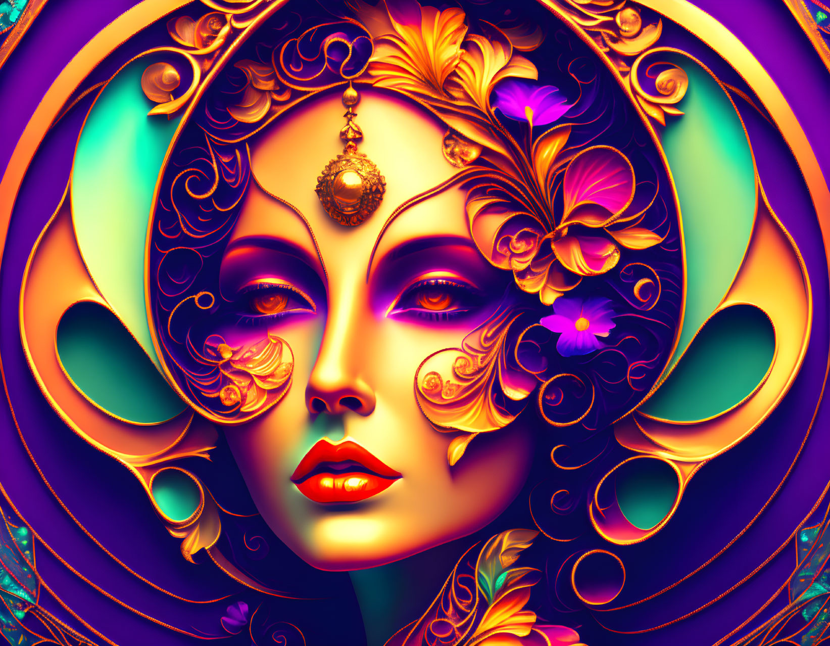 Stylized woman with ornate floral patterns in gold, purple, and teal