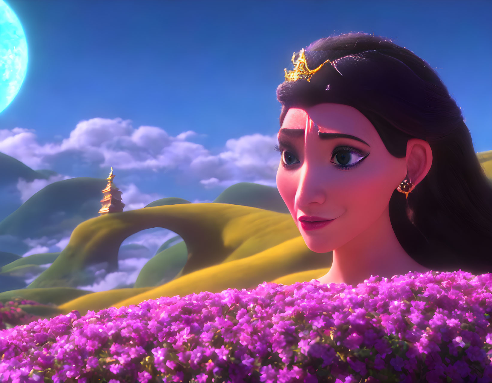 Animated princess with tiara in moonlit landscape surrounded by purple flowers