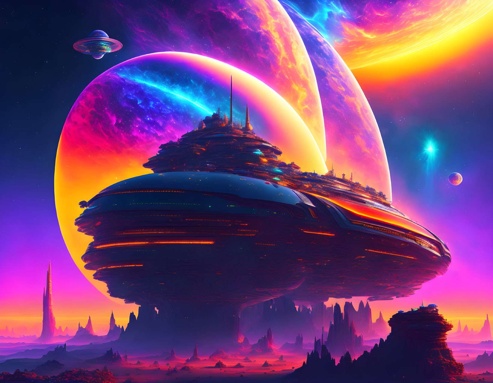 Colorful sci-fi landscape with colossal spaceship, nebulas, and alien structures