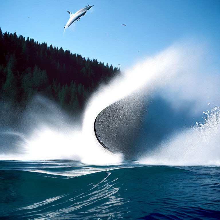 Dolphin leaping over wave with forested coastline & flying birds