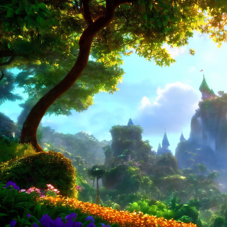 Vibrant Flora and Curved Tree in Lush Forest with Fantasy Castles on Distant