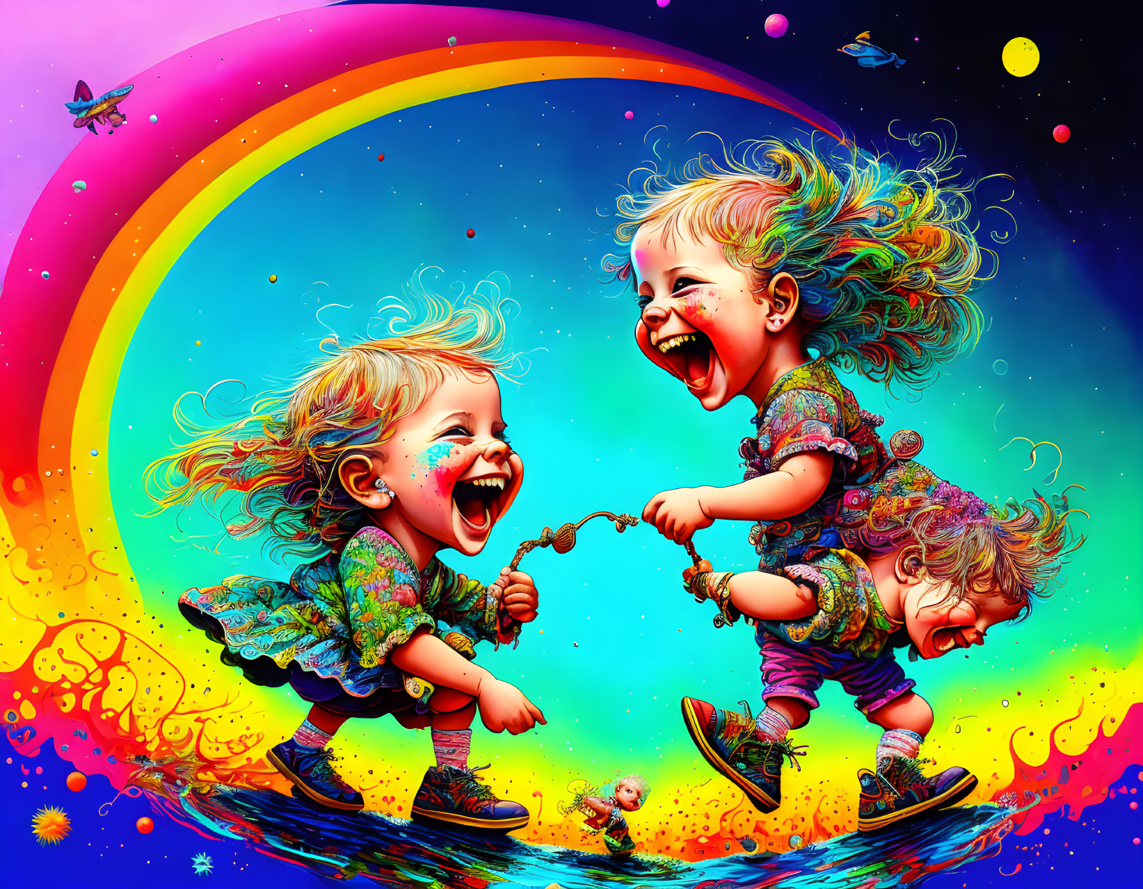 Vibrant animated children under rainbow in colorful setting