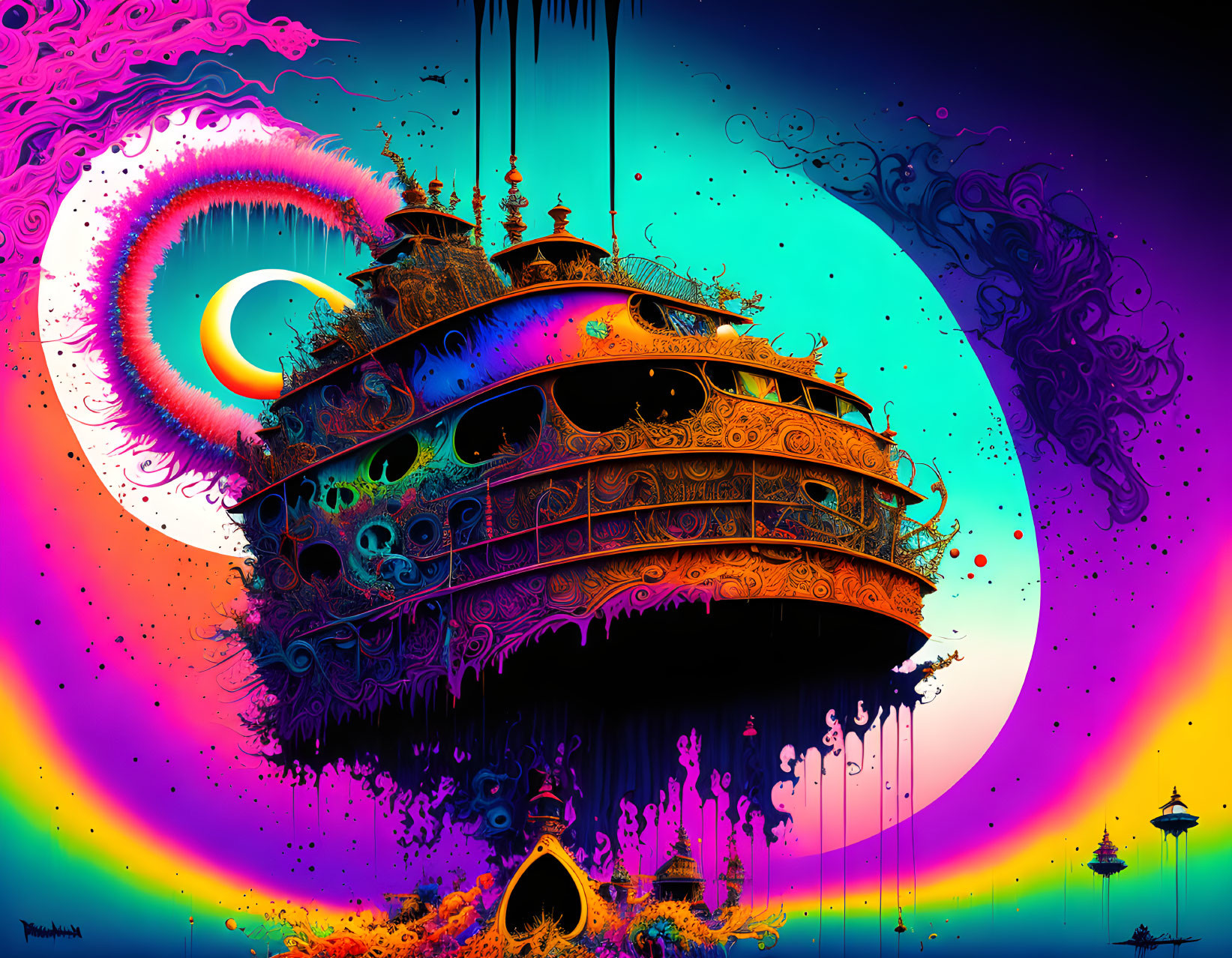 Colorful Psychedelic Art: Floating Structure with Rainbow Hues & Celestial Motifs