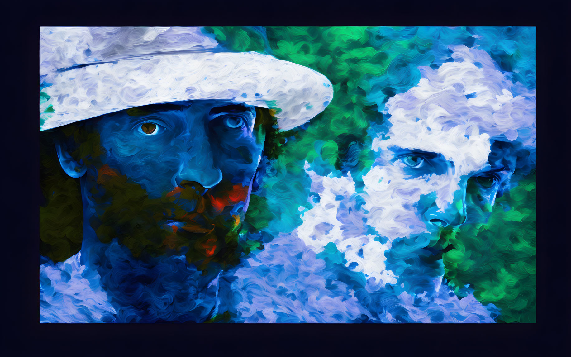 Vibrant blue and green abstract profile faces with white hat