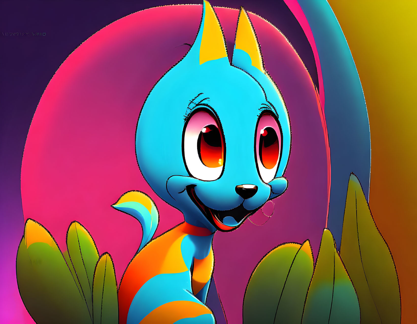 Colorful Cartoon Creature with Big Red Eyes and Pointed Ears Smiling