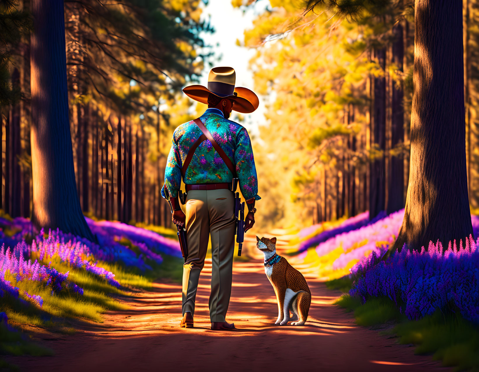 Cowboy-hat person and dog walking in forest with purple flowers