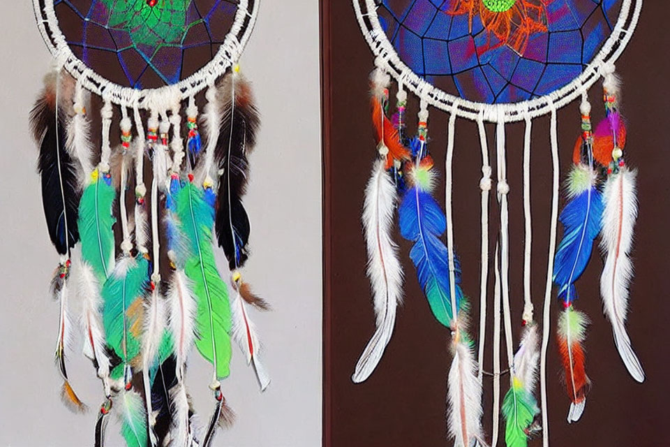 Colorful Dreamcatchers with Intricate Webbing and Feathers