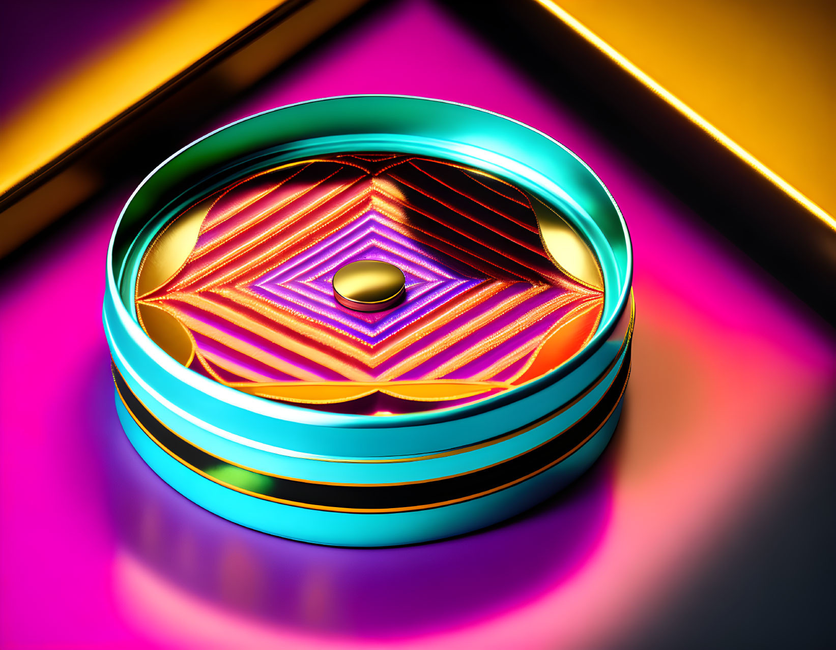 Colorful patterned spinning top on reflective pink and yellow surface