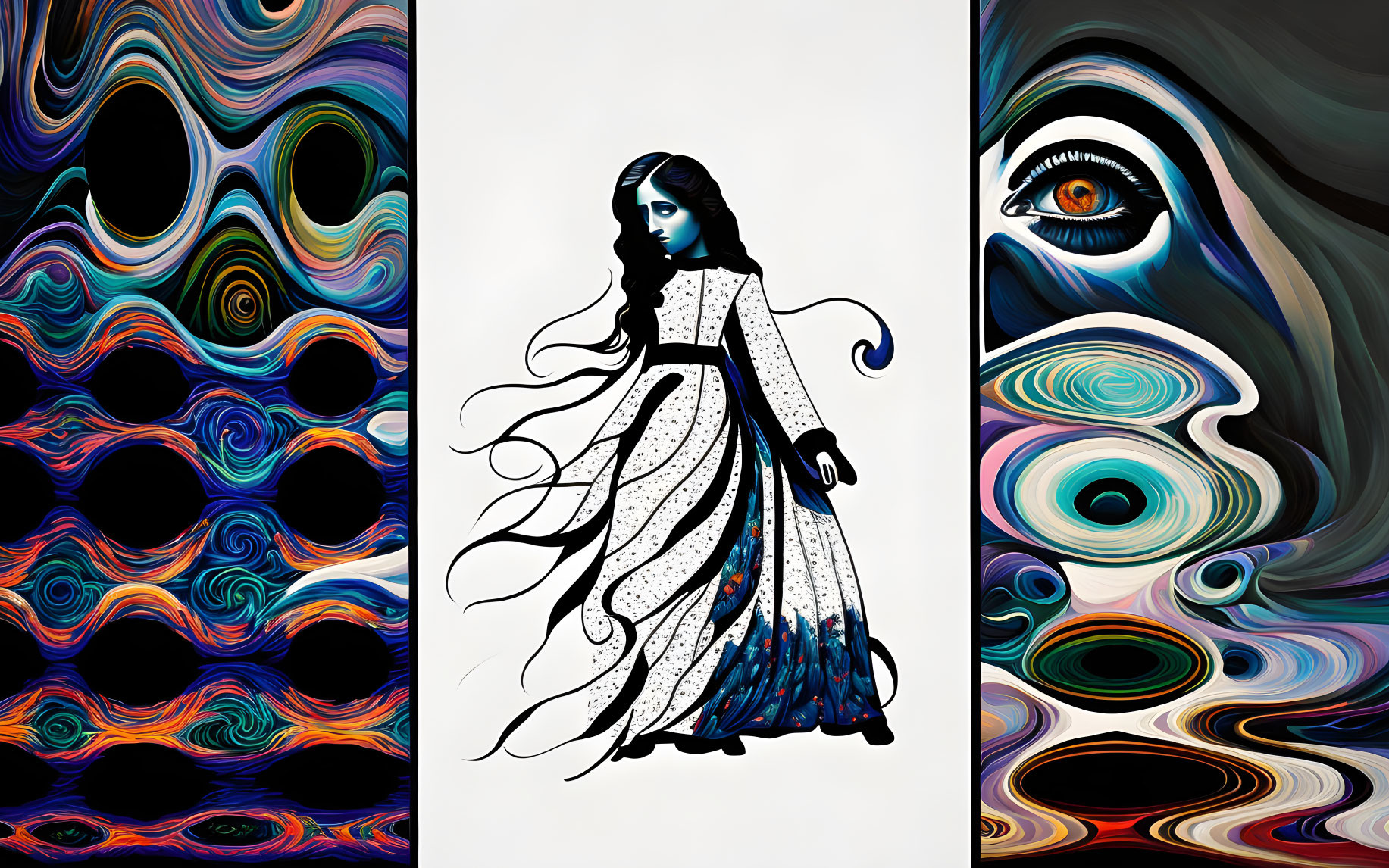 Surreal Triptych: Abstract Patterns & Woman with Wavy Hair