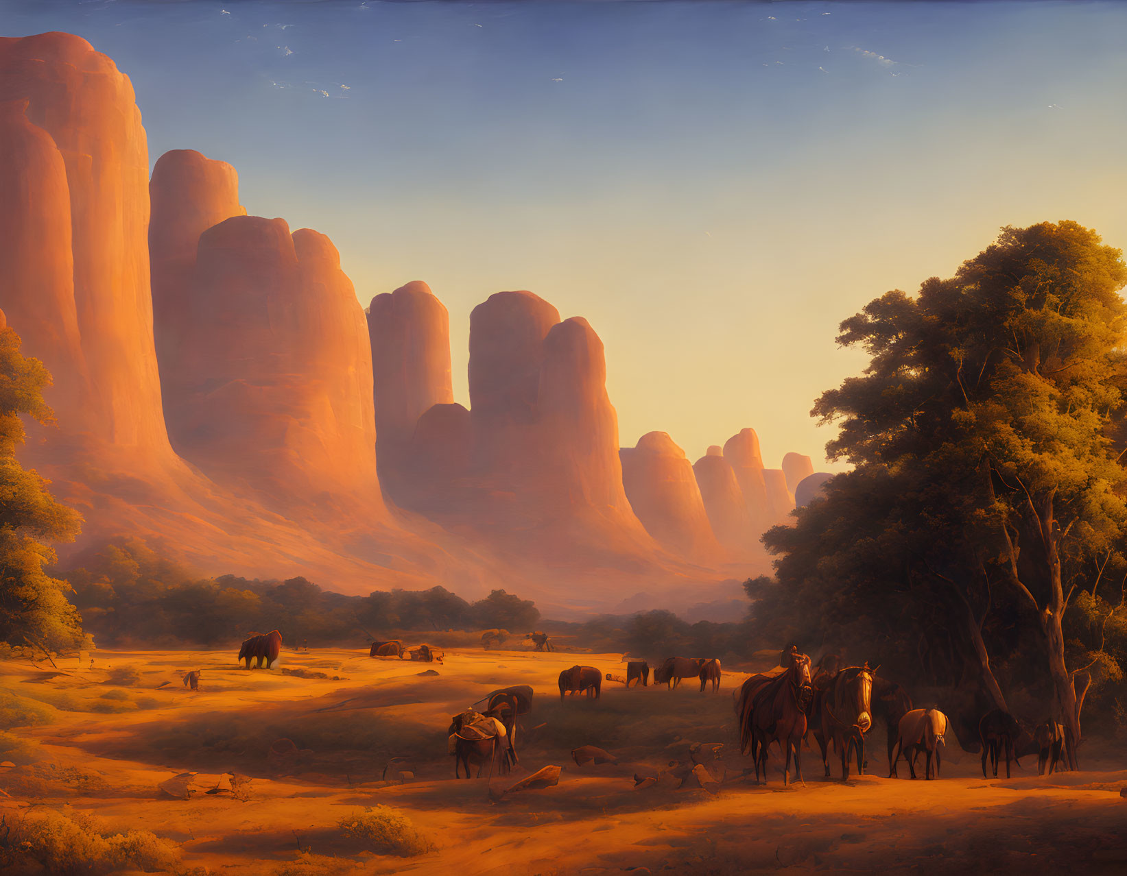 Tranquil red rock landscape with horses and figures in lush valley