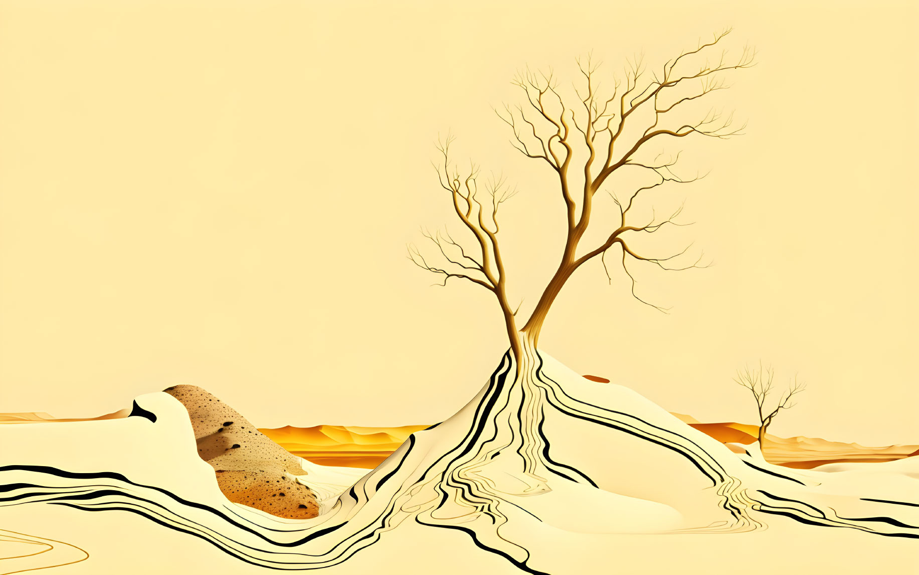 Surreal desert landscape with barren tree and human-shaped roots