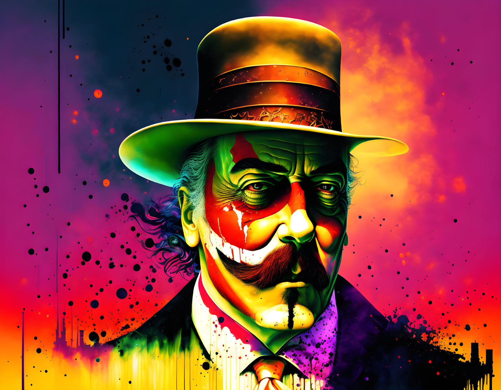 Colorful digital portrait: Man with top hat and handlebar mustache, abstract paint splashes.