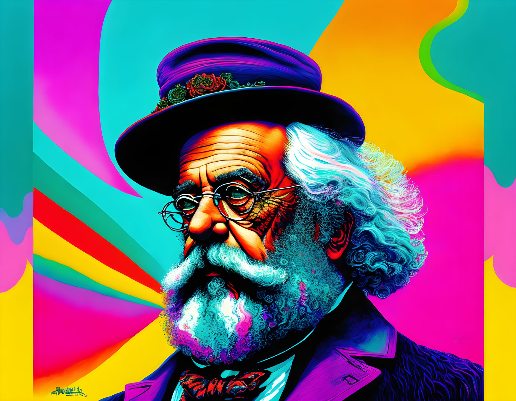 Colorful digital portrait of a man with top hat, glasses, and white beard.