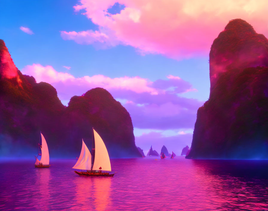 Sailboats in misty pink sea with towering rocks and purple sunset.