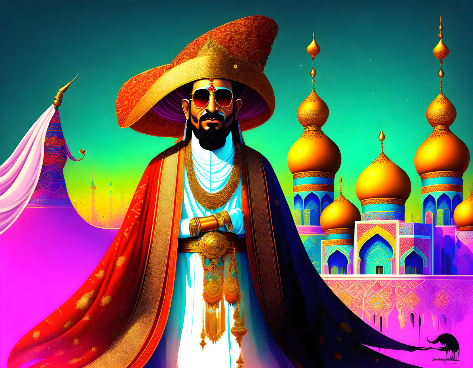 Stylized character in traditional Eastern attire with ornate domes at twilight