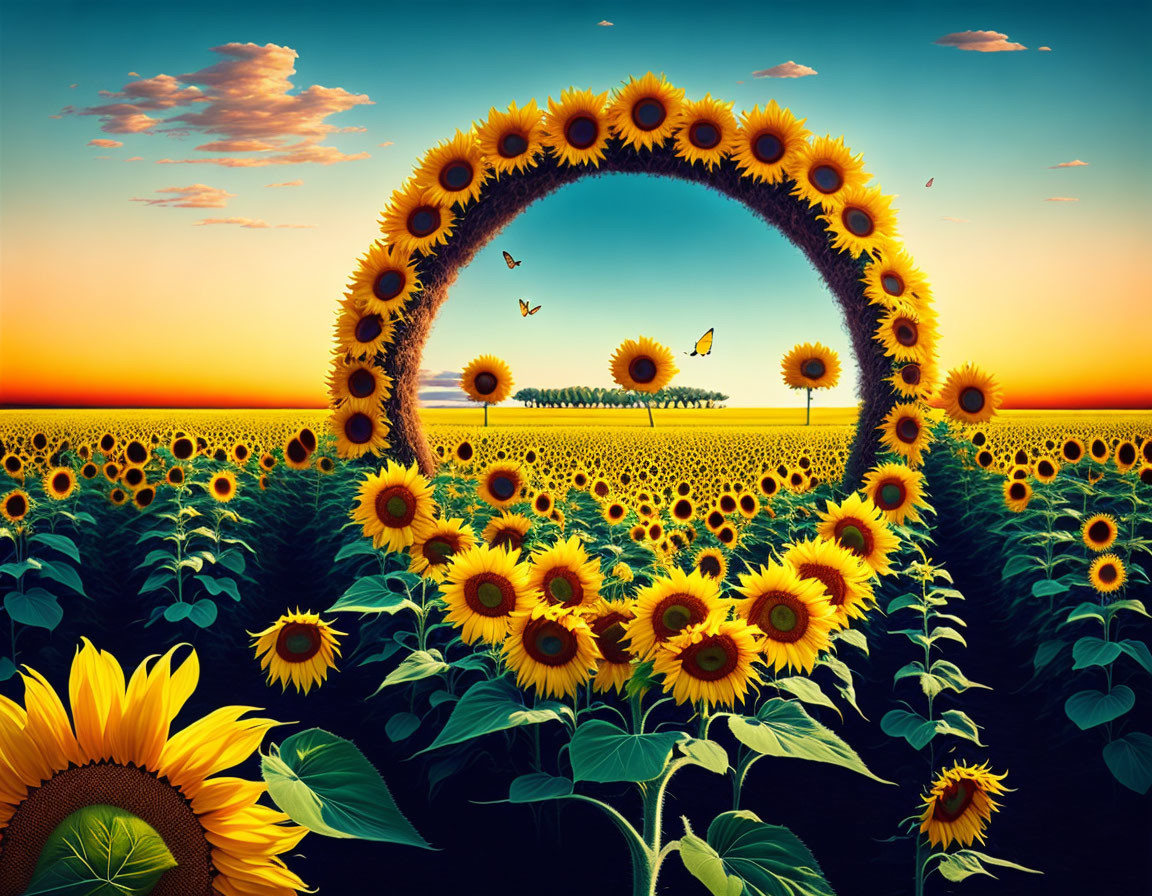 Sunflower Portal Overlooking Sunset Field and Birds