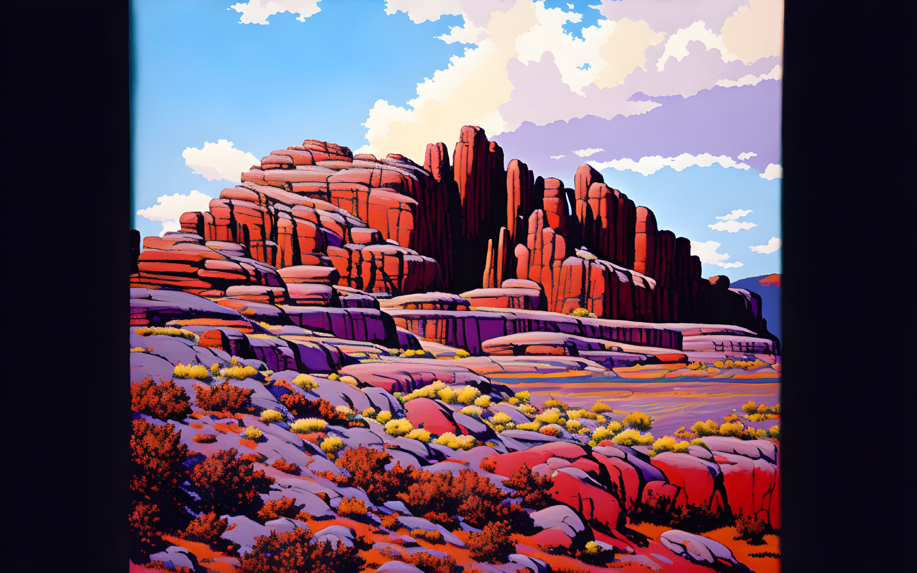 Desert landscape with red rock formations under blue sky