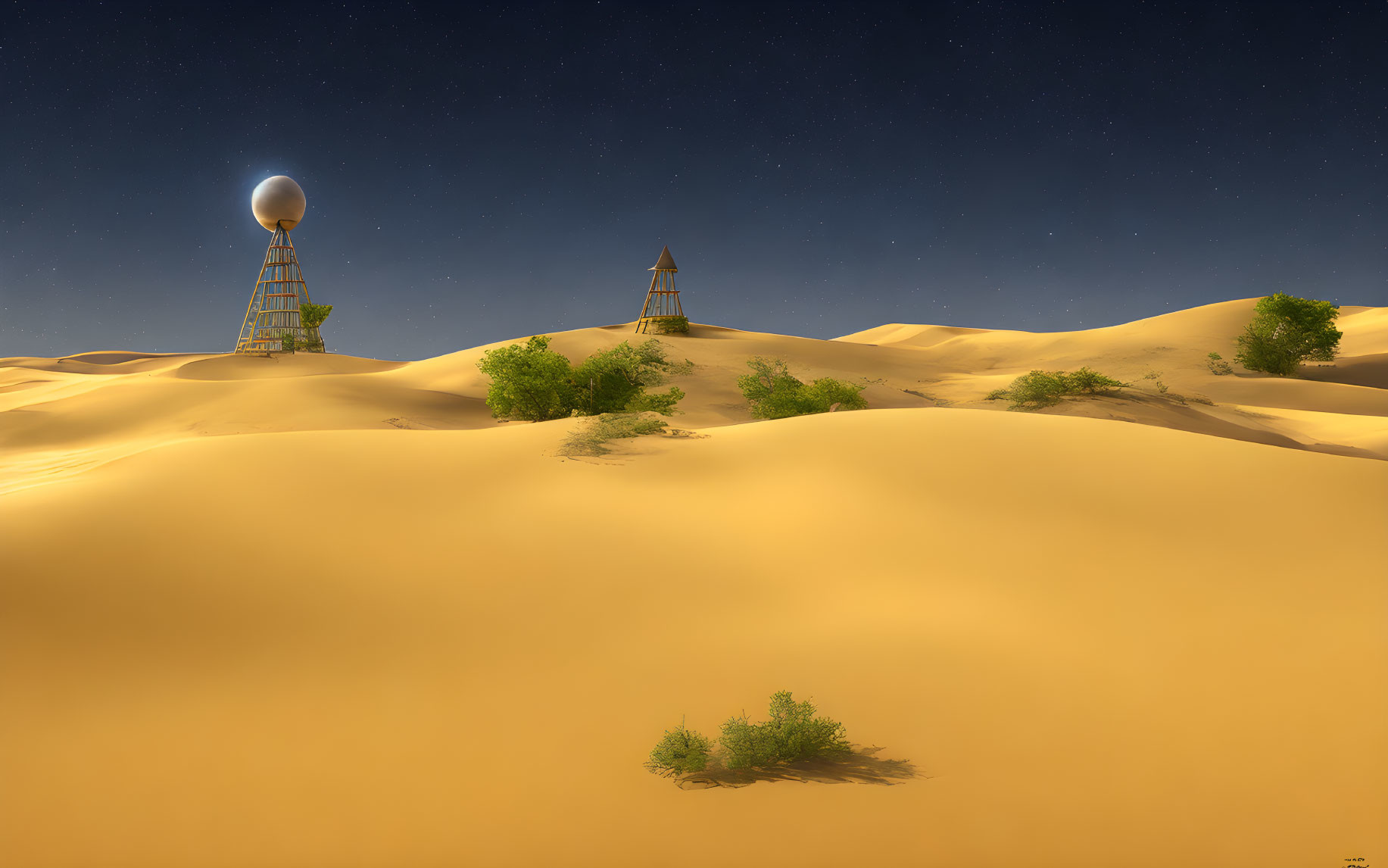 Desert night scene with sand dunes, starry sky, wooden towers, and hanging balloon