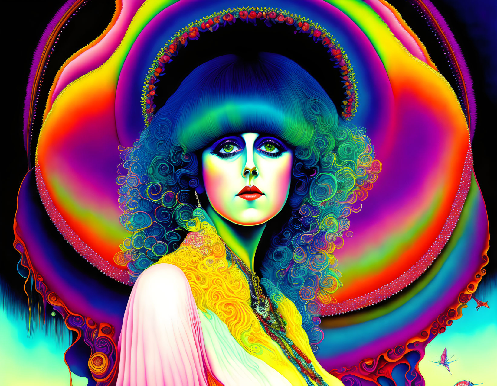 Colorful Psychedelic Digital Art of Woman with Curly Hair