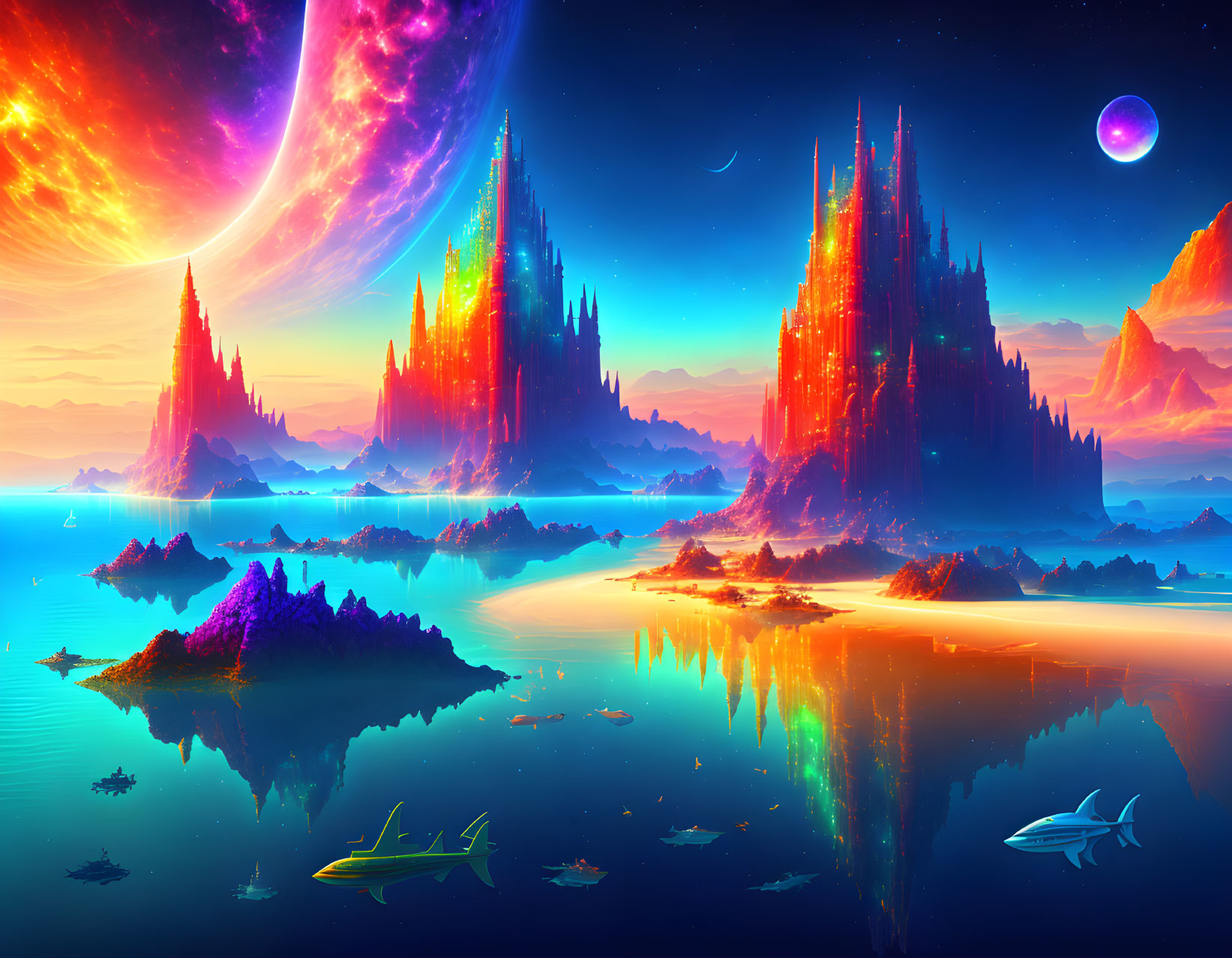 Surreal neon landscape with mountains, water, planets, and glowing fauna