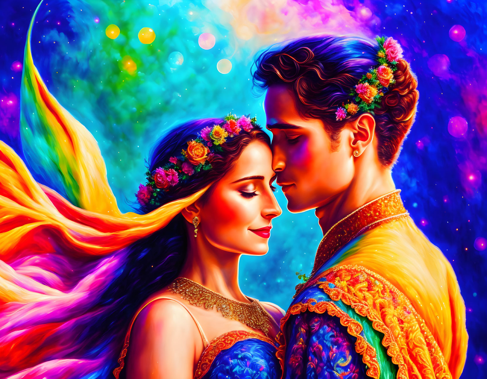 Colorful traditional attire couple illustration with floral details against starry backdrop