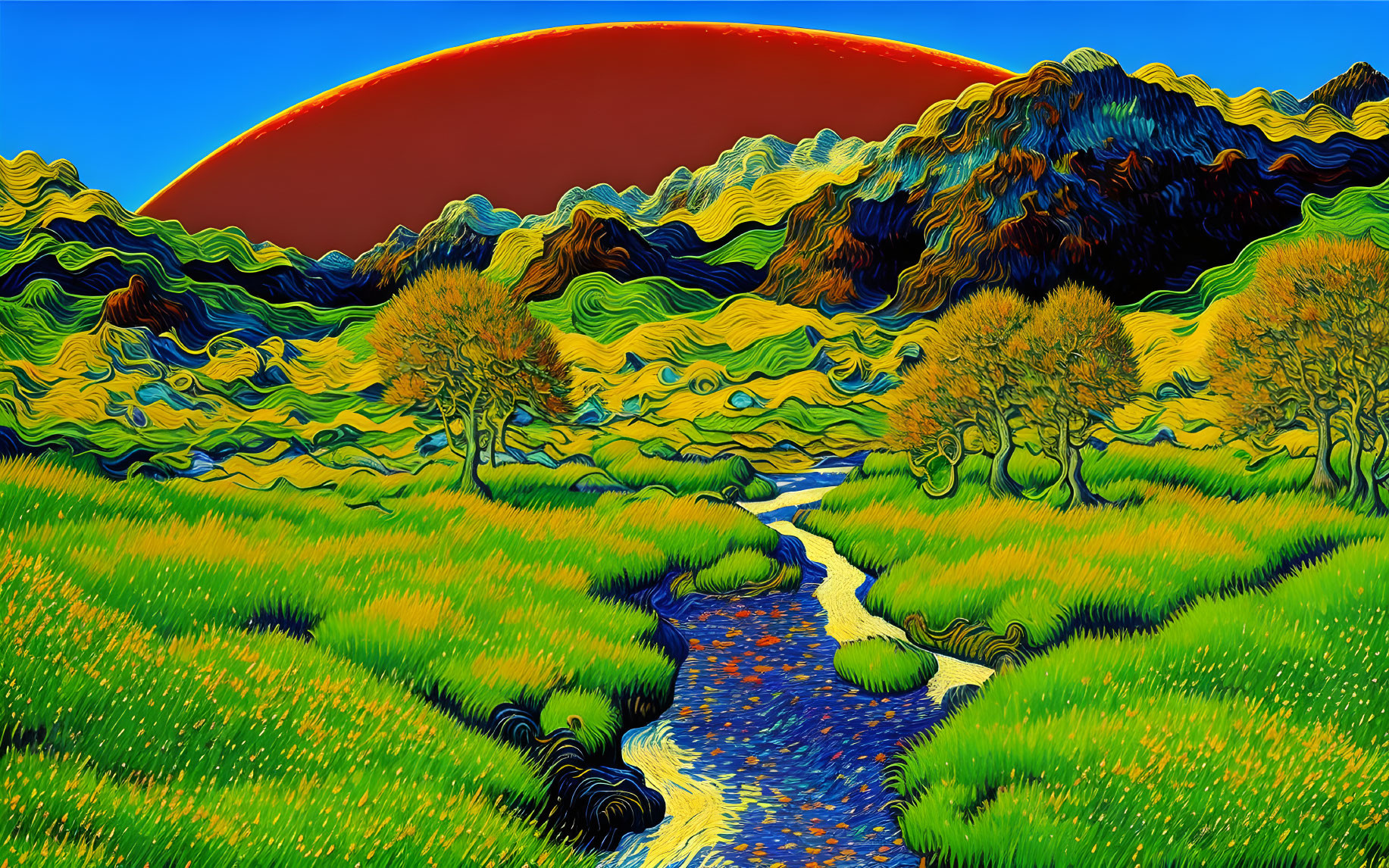 Colorful landscape with swirling sky, red sun, wavy hills, trees, and stream