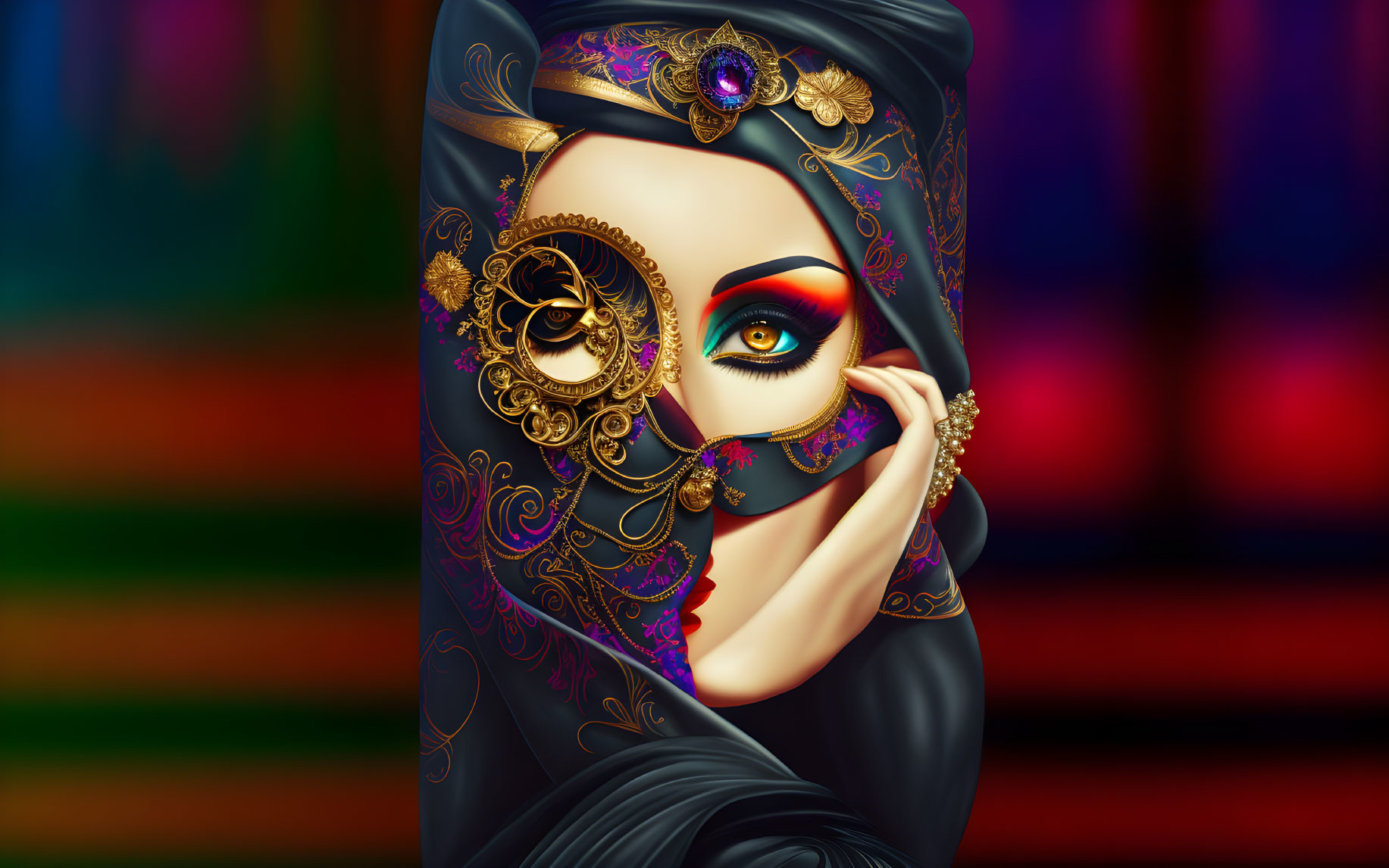 Vibrant makeup and golden mask with jewels on person holding purple flower against colorful backdrop