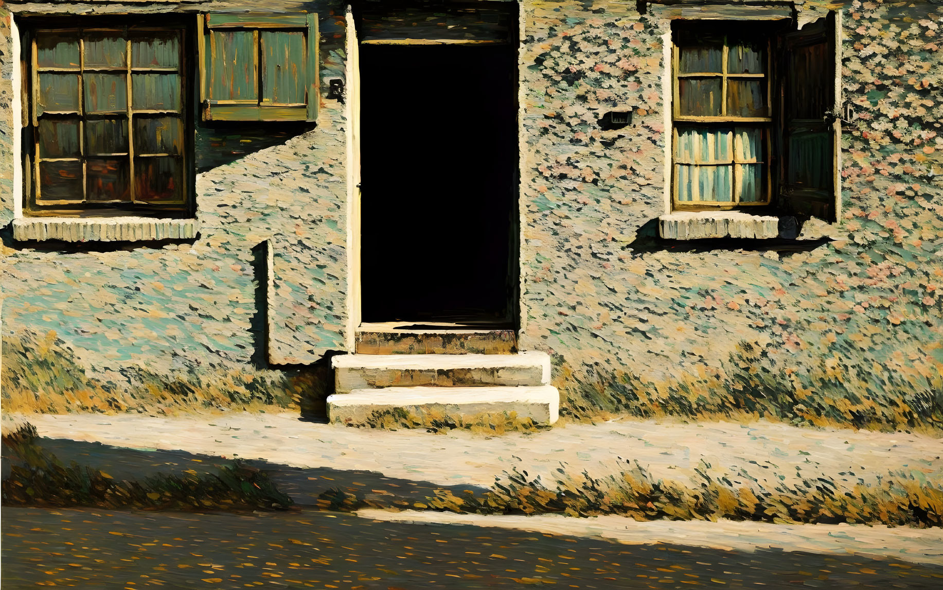 Impressionist-style painting of old house facade with dark doorway