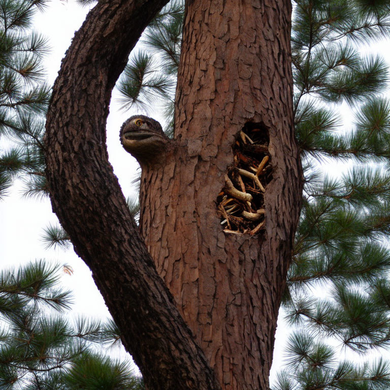 Squirrel peeking from heart-shaped hole in tree trunk among pine needles