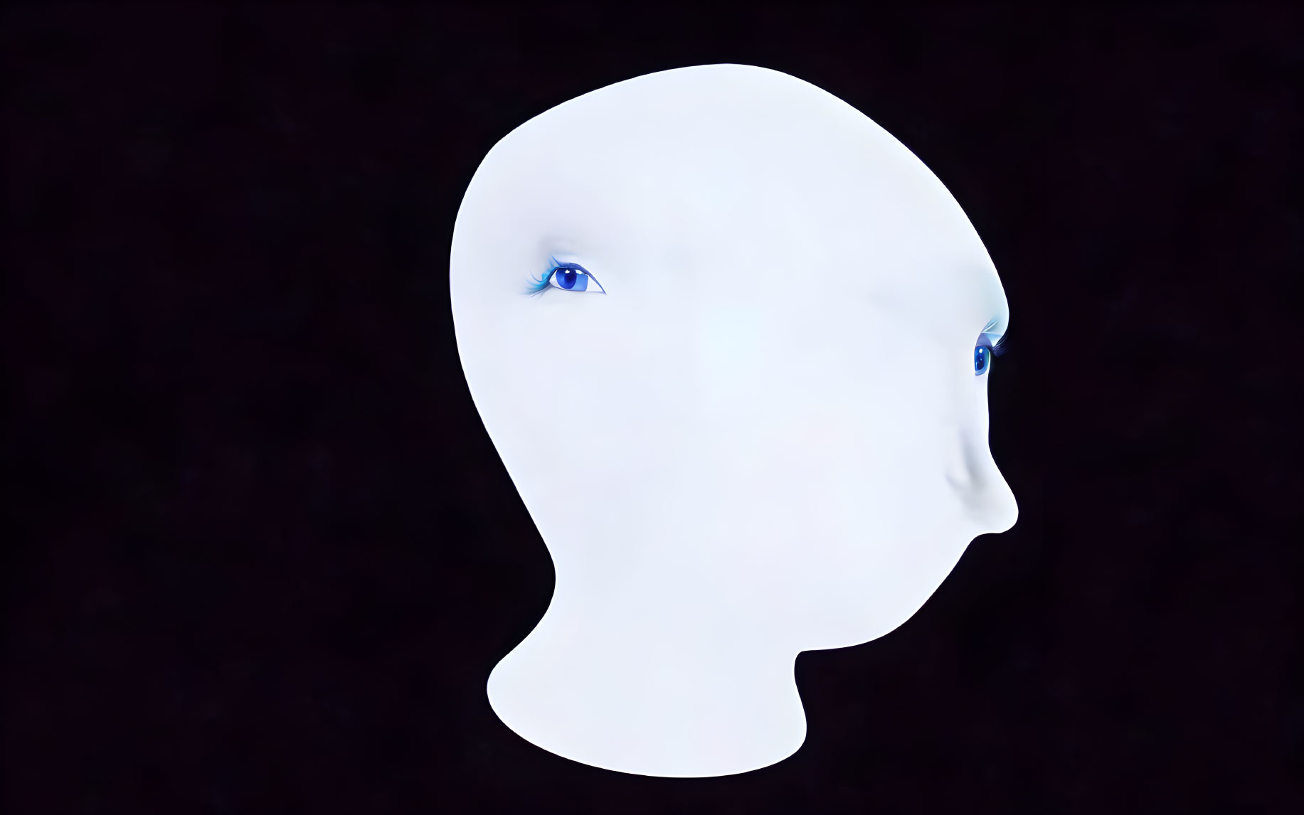 Abstract white silhouette of a human head with blue eyes on dark background