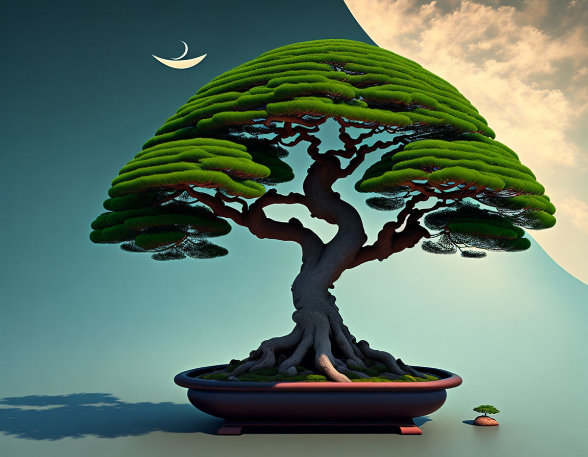 Lush bonsai tree in pot under twilight sky with crescent moon