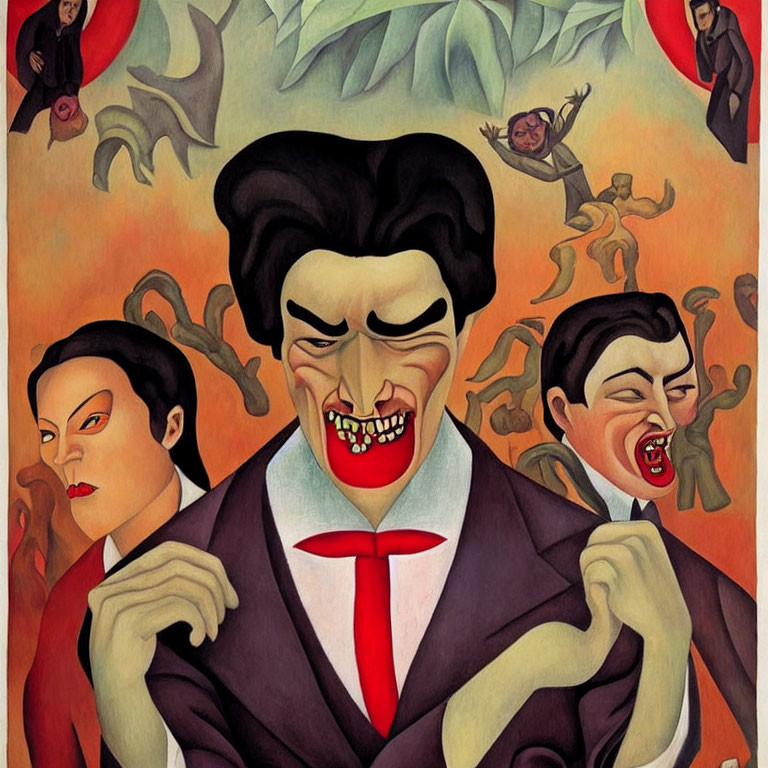 Stylized painting of three vampire-like figures and flying demons