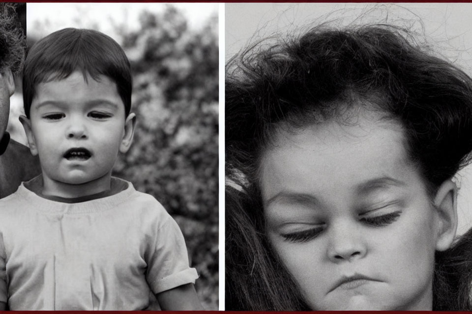 Split black and white image of young boy and girl in different poses