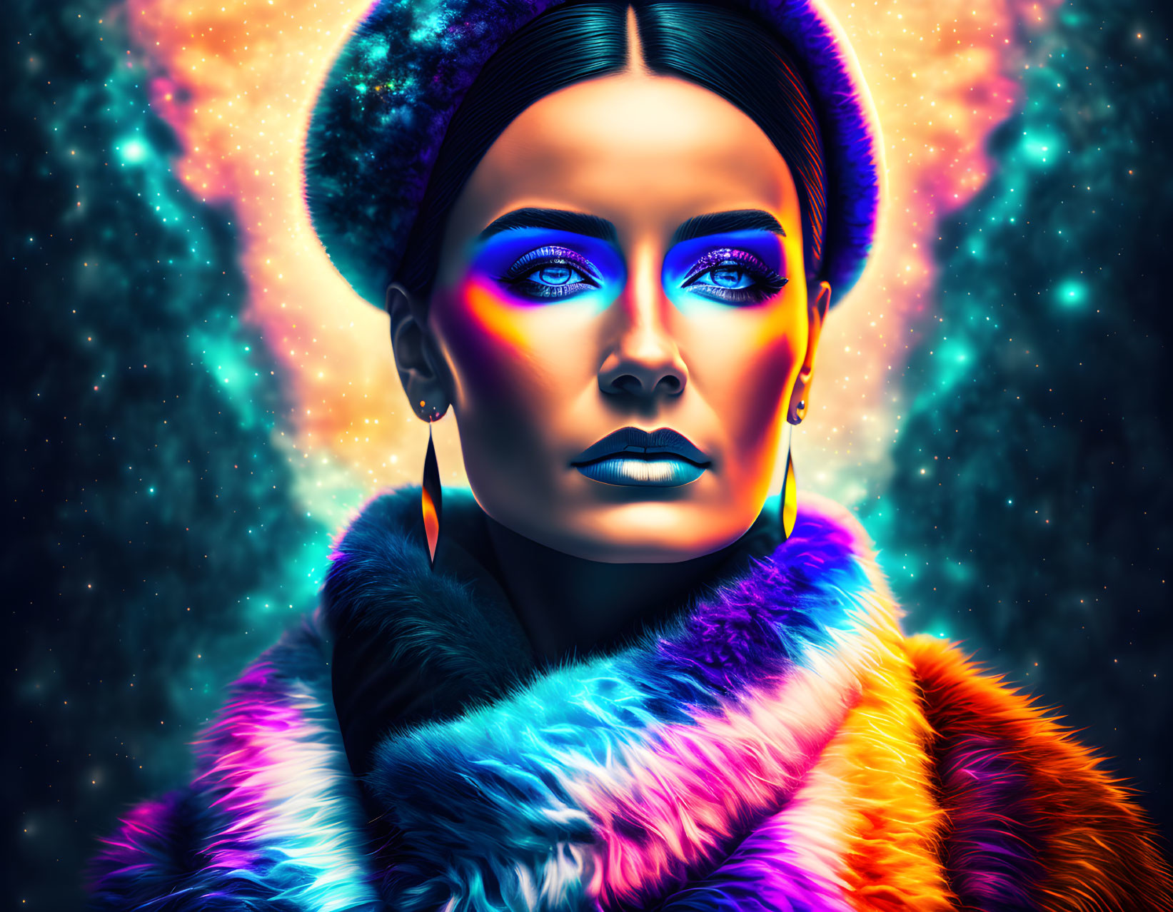 Digital portrait of a woman with blue eyes and neon makeup on cosmic backdrop.