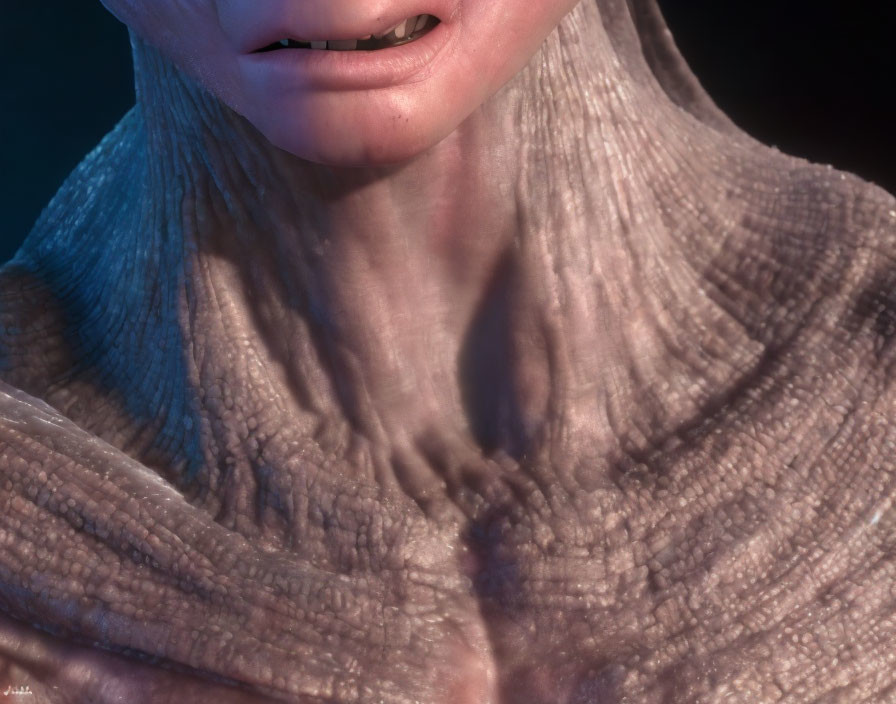 Detailed close-up of textured skin and draped fabric on lower face and neck.