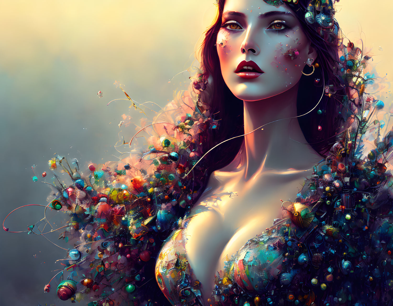 Vibrant digital artwork: Woman with floral embellishments