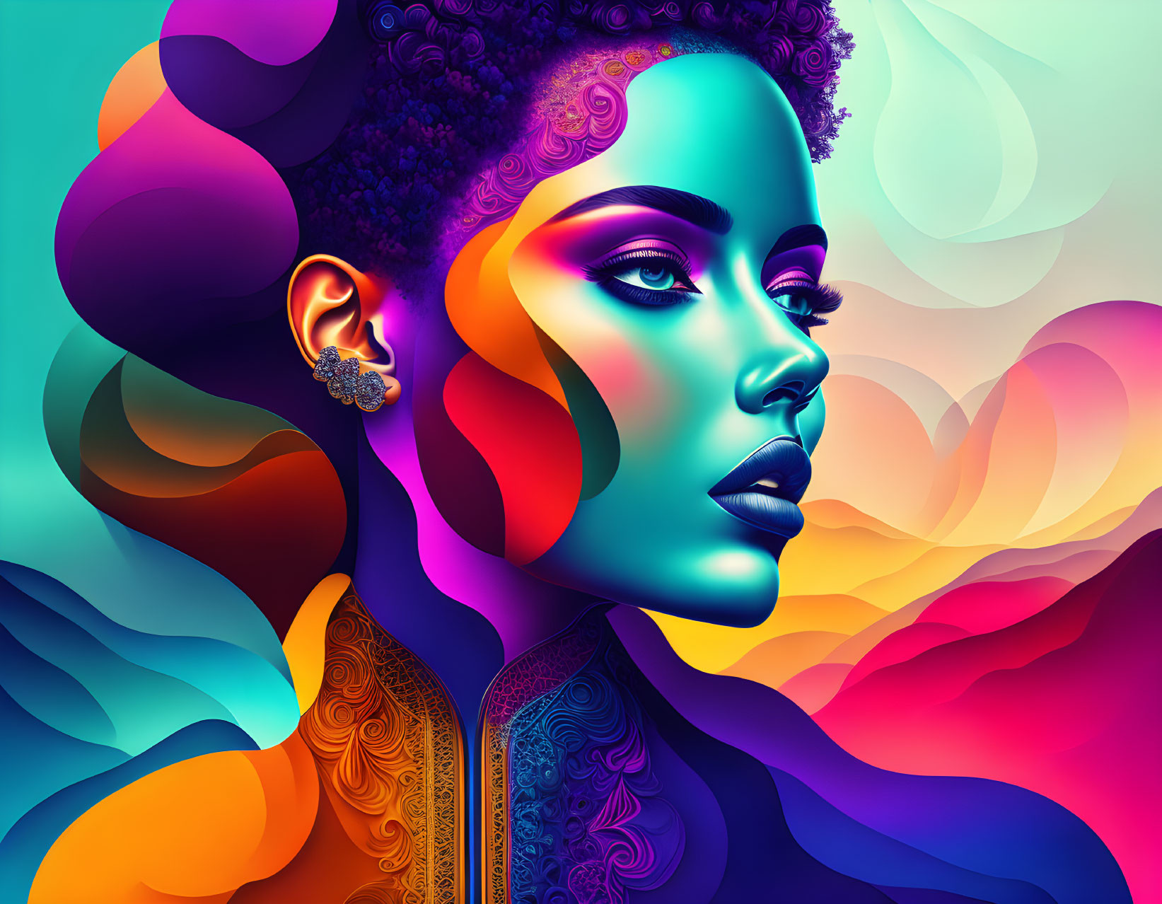 Vibrant digital illustration of woman with colorful makeup and afro