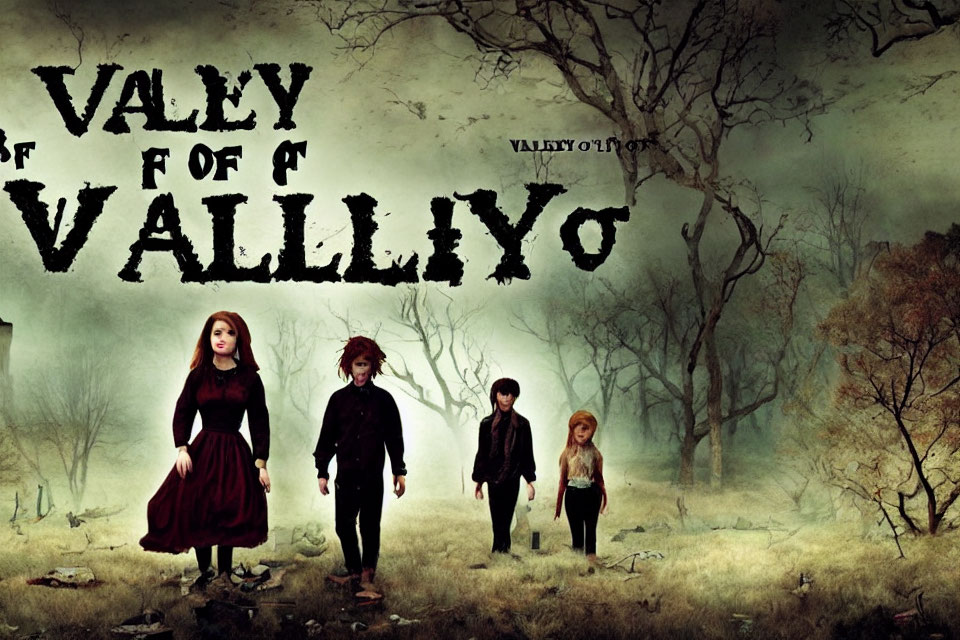 Animated characters in spooky graveyard with mist and bare trees - "Valley of V" overhead