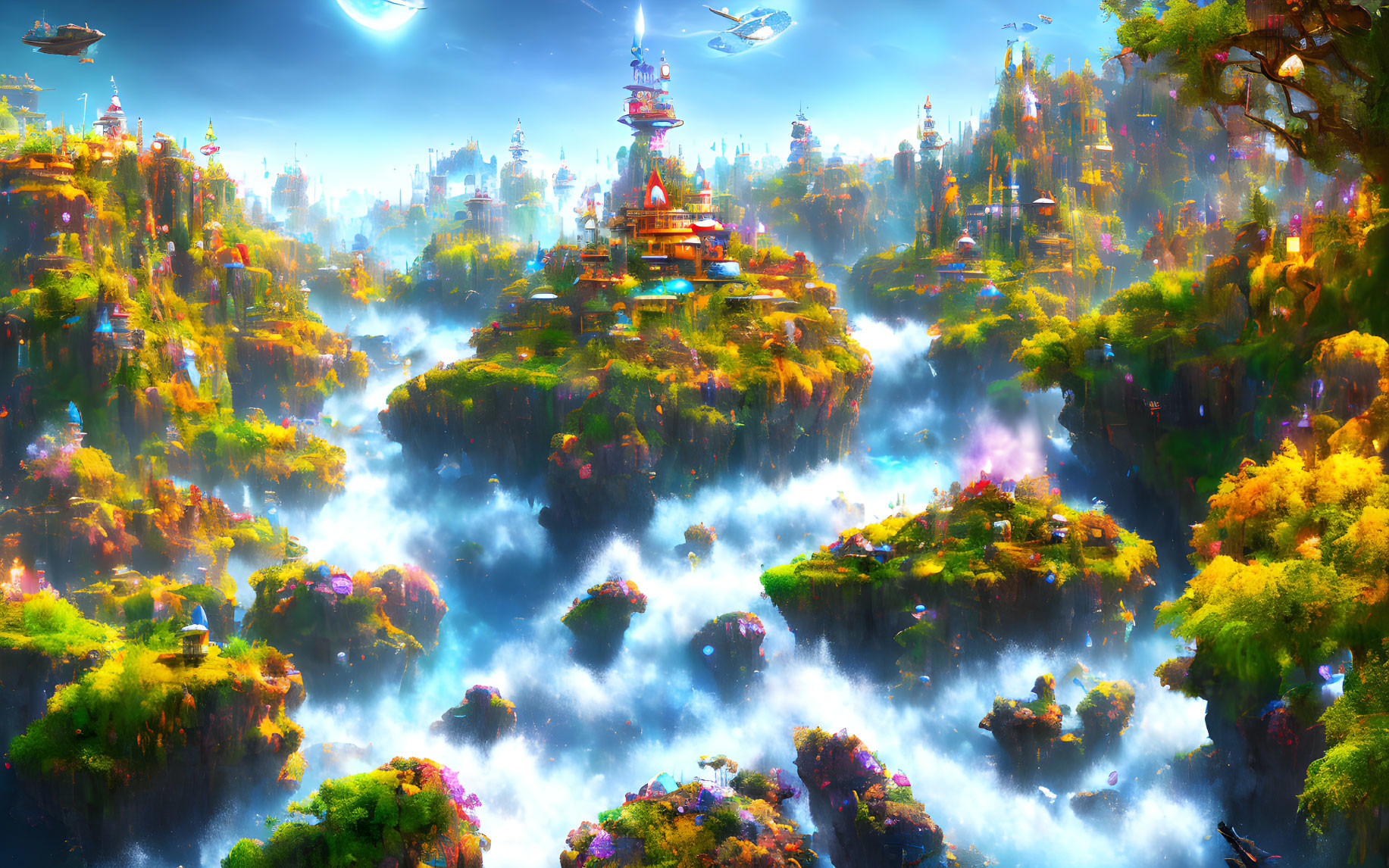 Fantasy landscape with floating islands, lush foliage, waterfalls, and futuristic buildings