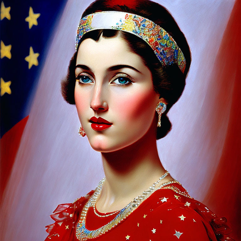 Stylized portrait of a woman in red dress with headband