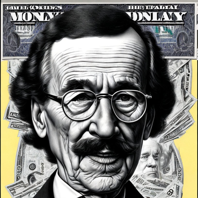 Illustration of man with glasses and large nose among US dollar bills