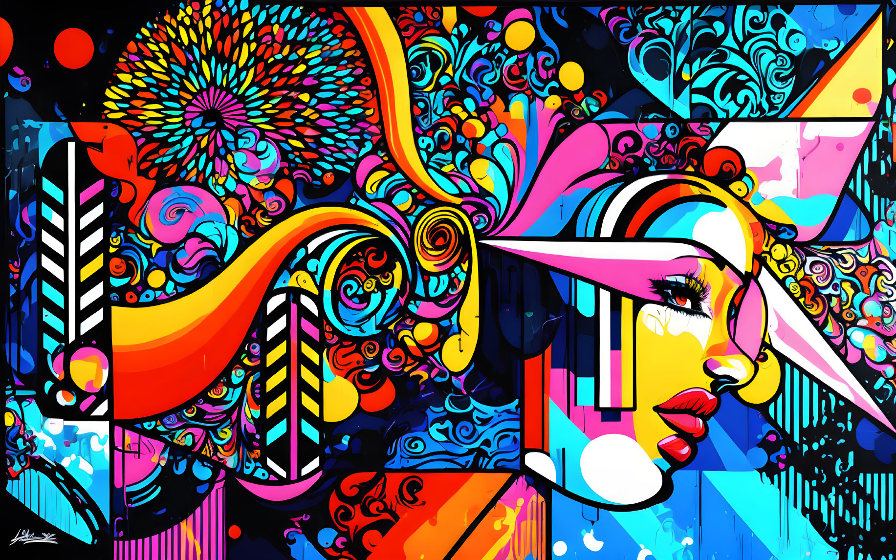 Colorful Abstract Artwork: Stylized Woman's Profile Amid Geometric Shapes & Floral Motifs